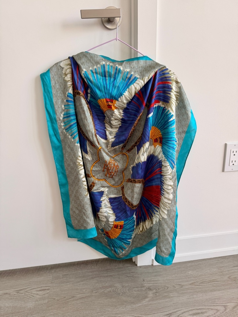 100% Silk Scarf in Teal and Grey, Feathers motif